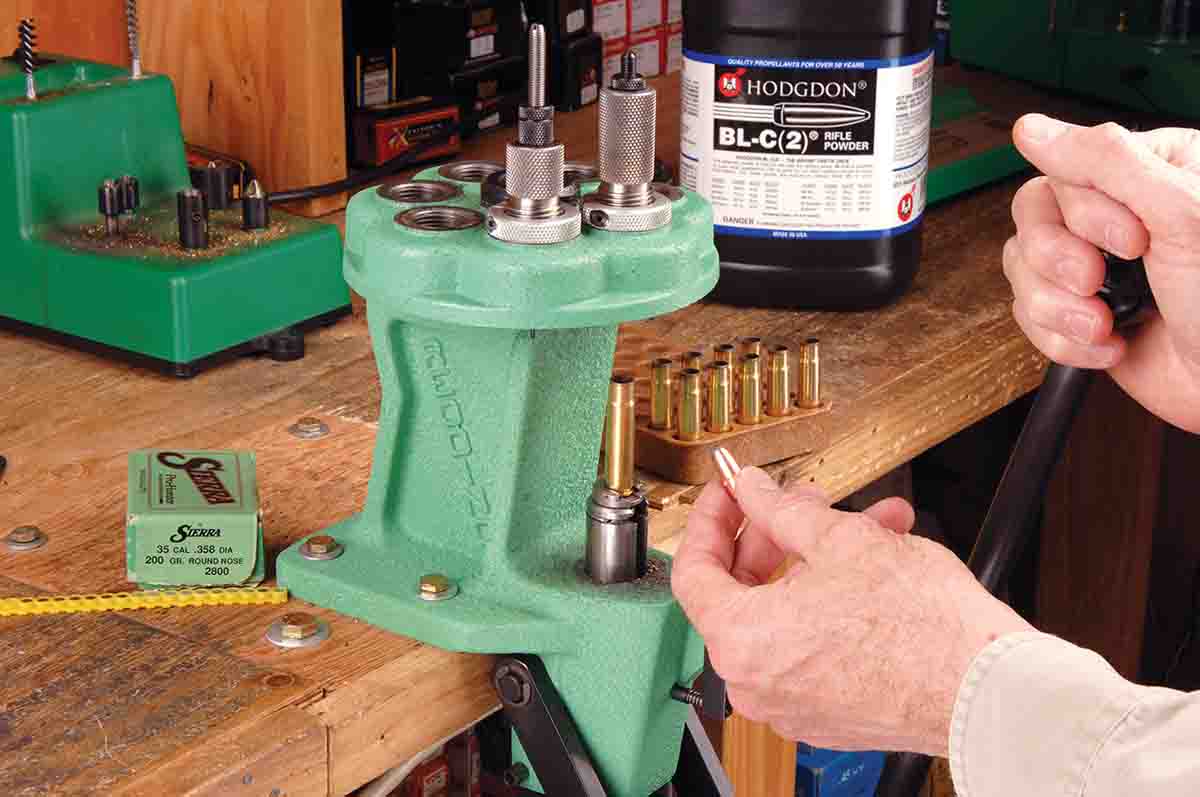 Rick loads .35 Remington levergun ammunition with a two-die set and applies a crimp as the bullet is seated.